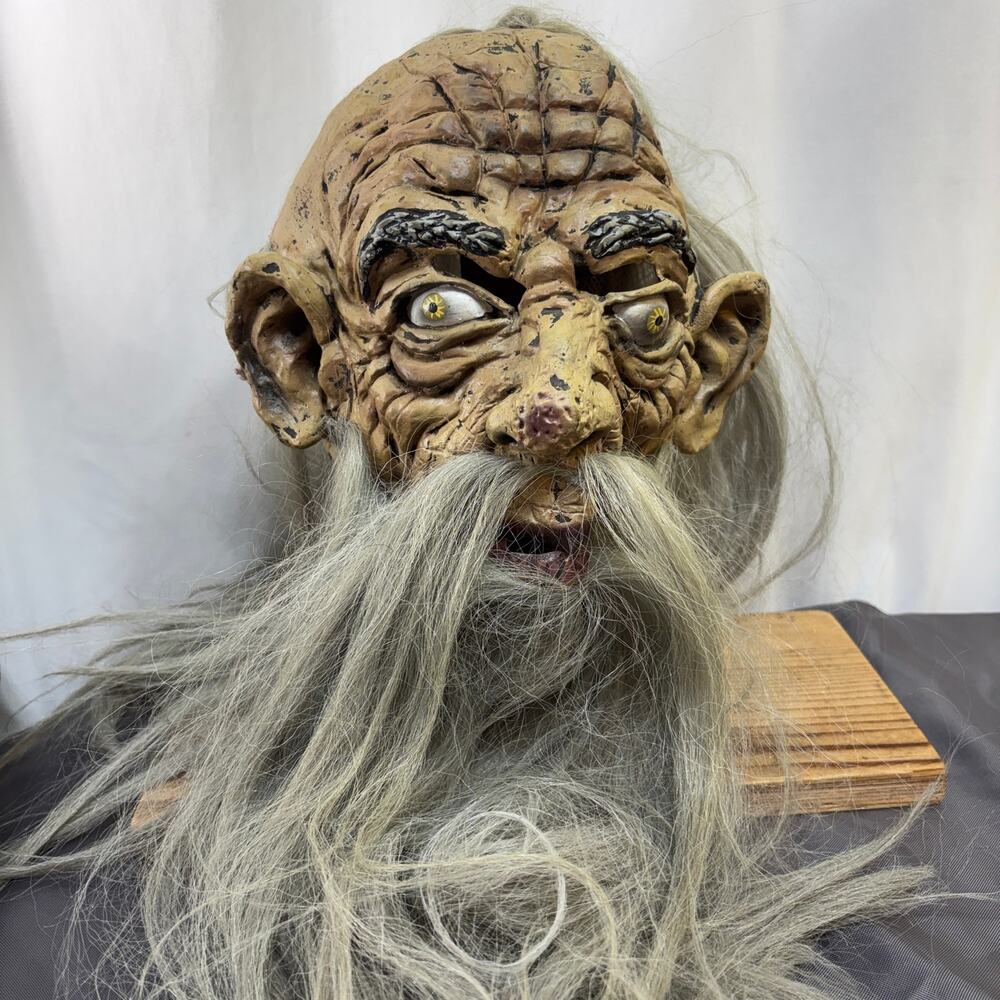 Vintage Latex Old Man Troll Mask Halloween Long Gray Hair Beard Creepy Gruesome